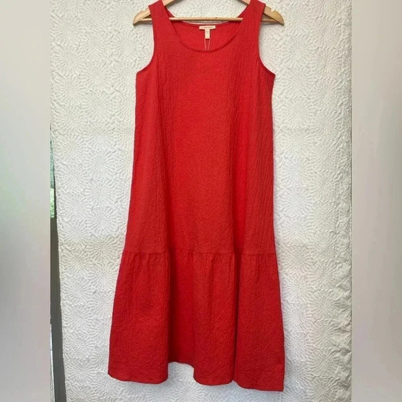 Eileen Fisher Organic Cotton Pucker Tiered Dress Midi Watermelon Sz XS Flowy - Picture 12 of 12